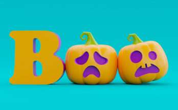 Zucche di Halloween stilizzate con espressioni spaventate accanto alla scritta “Boo” su sfondo turchese – grafica divertente per post su Halloween.