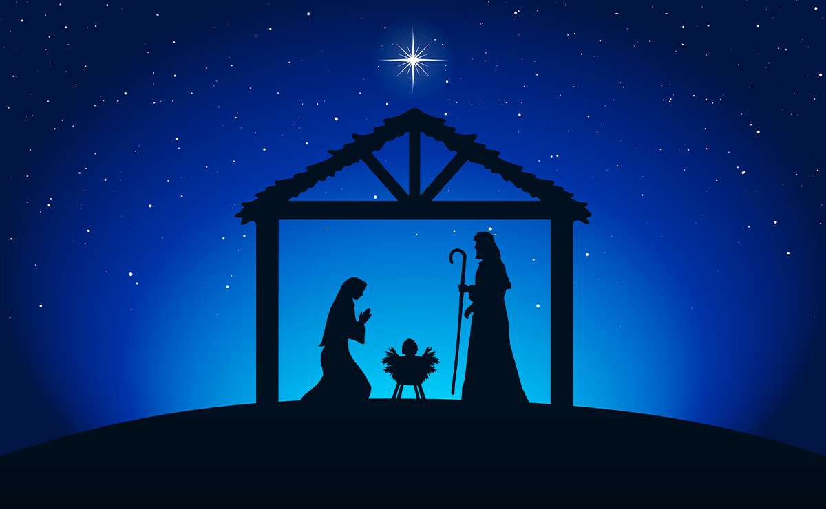 Illustrazione del presepe tradizionale con Maria, Giuseppe e Gesù Bambino sotto la stella cometa