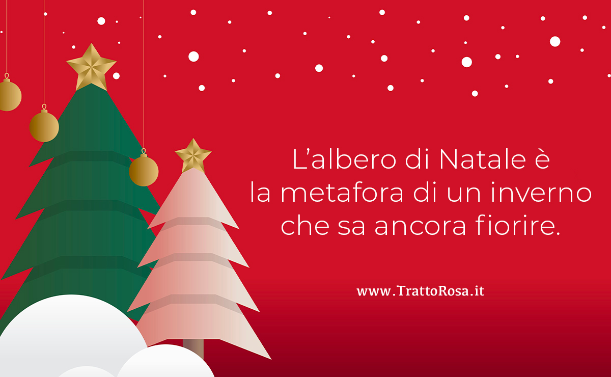Frase poetica sull’albero di Natale con sfondo rosso e illustrazione di abeti decorati con stelle e palline dorate.