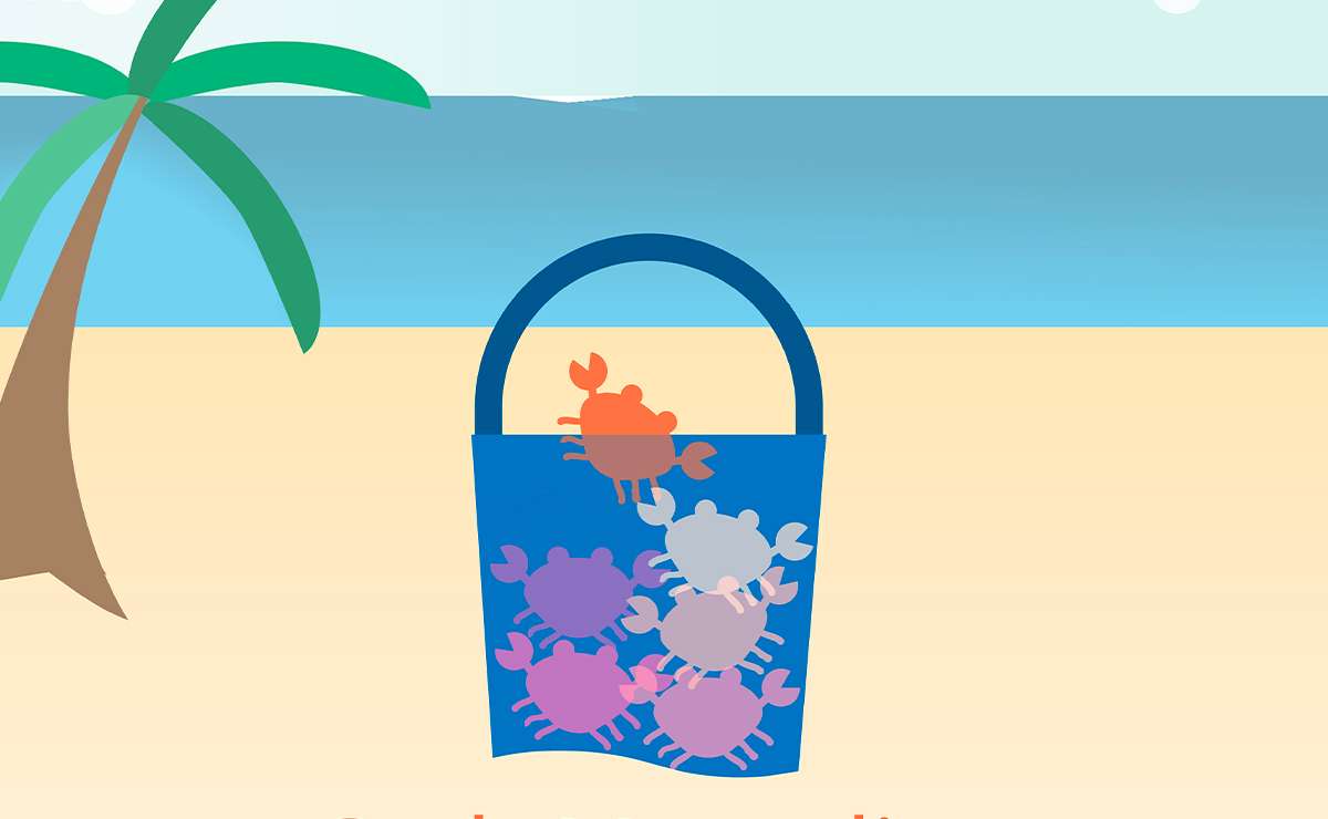 Illustrazione di granchi in un secchio sulla spiaggia, con uno che prova a uscire mentre gli altri restano sotto