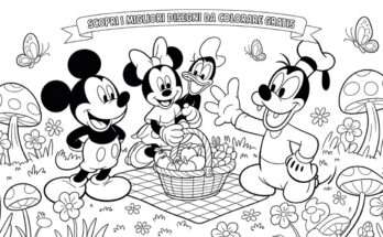 personaggi Disney Topolino, Minnie, Paperina e Pippo fanno un picnic all’aperto con un cesto di frutta, circondati da fiori, farfalle e funghi, in un disegno da colorare per bambini.
