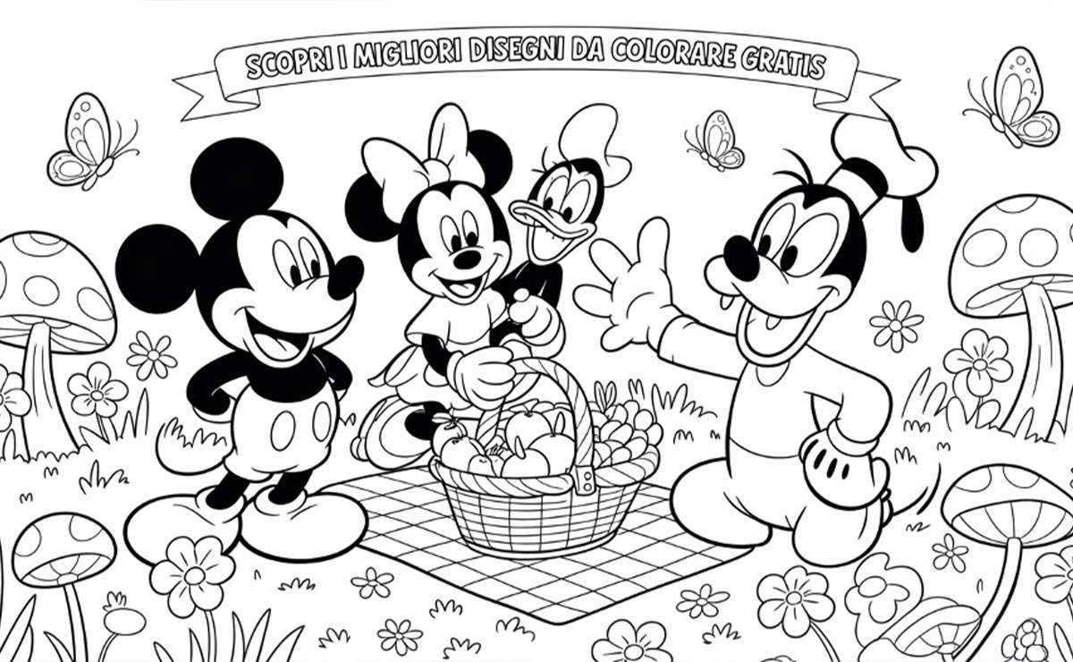 personaggi Disney Topolino, Minnie, Paperina e Pippo fanno un picnic all’aperto con un cesto di frutta, circondati da fiori, farfalle e funghi, in un disegno da colorare per bambini.