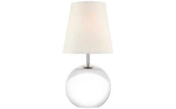 Lampada da tavolo moderna con base sferica trasparente e paralume bianco a cono