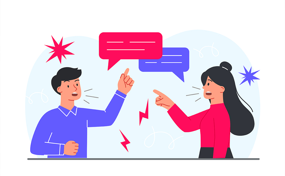 Illustrazione di un uomo e una donna che discutono animatamente, con fumetti colorati