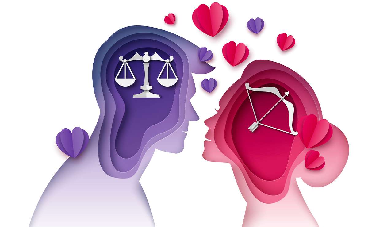 Illustrazione artistica di due profili umani che si fronteggiano, con simboli zodiacali della Bilancia e del Sagittario