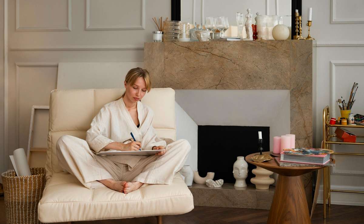 Donna seduta a gambe incrociate su una poltrona beige mentre scrive