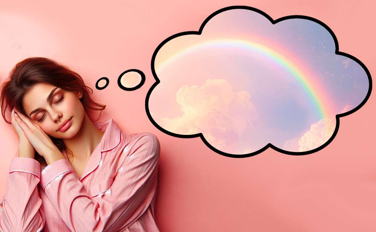 Donna che dorme con espressione serena, mentre sogna un arcobaleno