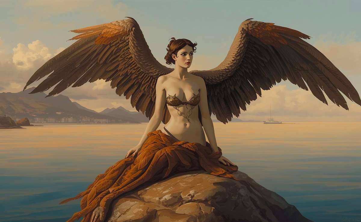 Sirena Partenope con ali e gambe da uccello seduta su uno scoglio