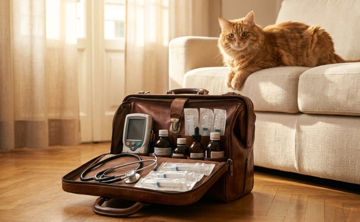 Gatto rosso sdraiato su un divano accanto alla borsa del veterinario con strumenti medici