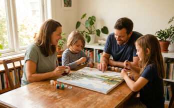 famiglia seduta attorno al tavolo intenta a dipingere