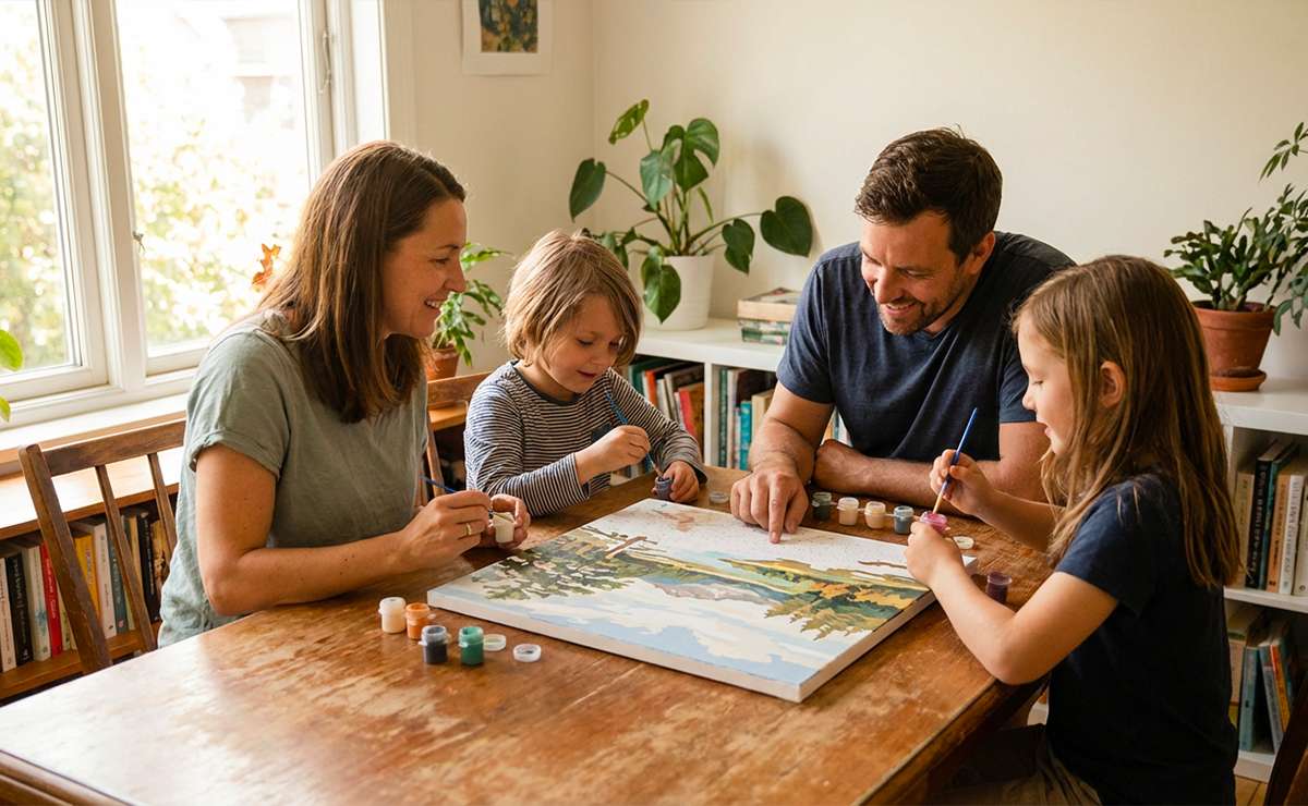 famiglia seduta attorno al tavolo intenta a dipingere